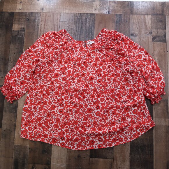 Max Studio Womans 3X Red Poppy Floral 3/4 Sleeve Top Keyhole Back Blouse - Picture 2 of 7